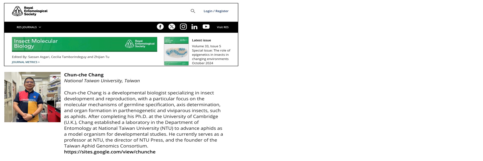 Congratulations to Prof. Chun-Che Chang on being appointed as an Associate Editor (AE) of Insect Molecular Biology (IMB)